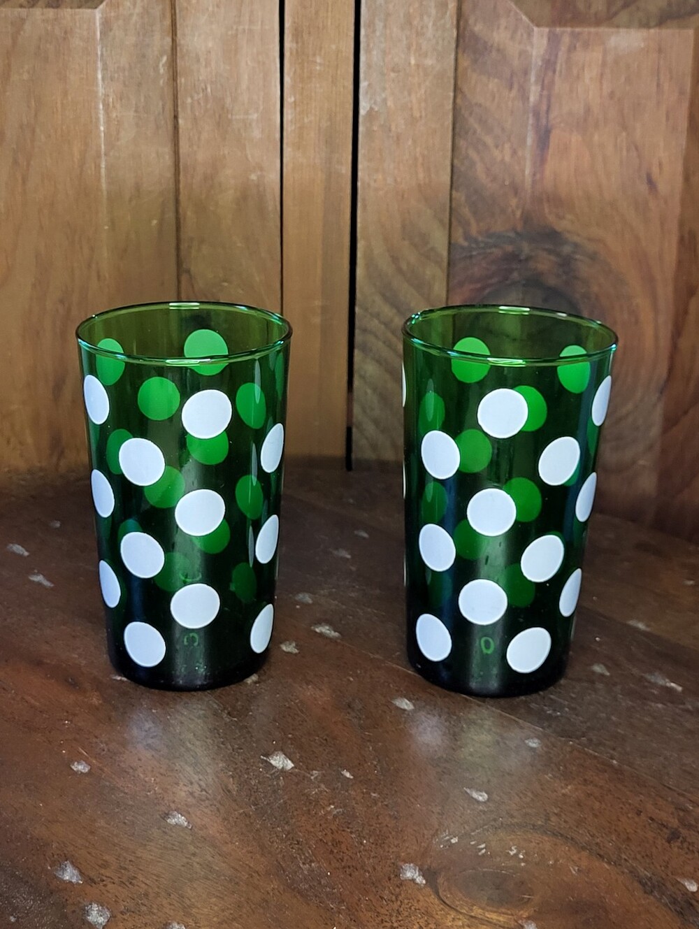 Green Glass Tumblers with White Polka Dots - Set of 2
